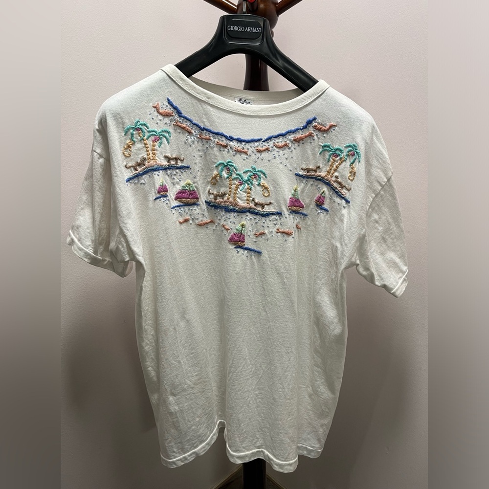 Hand embroidered vintage white  green blue pink t shirt